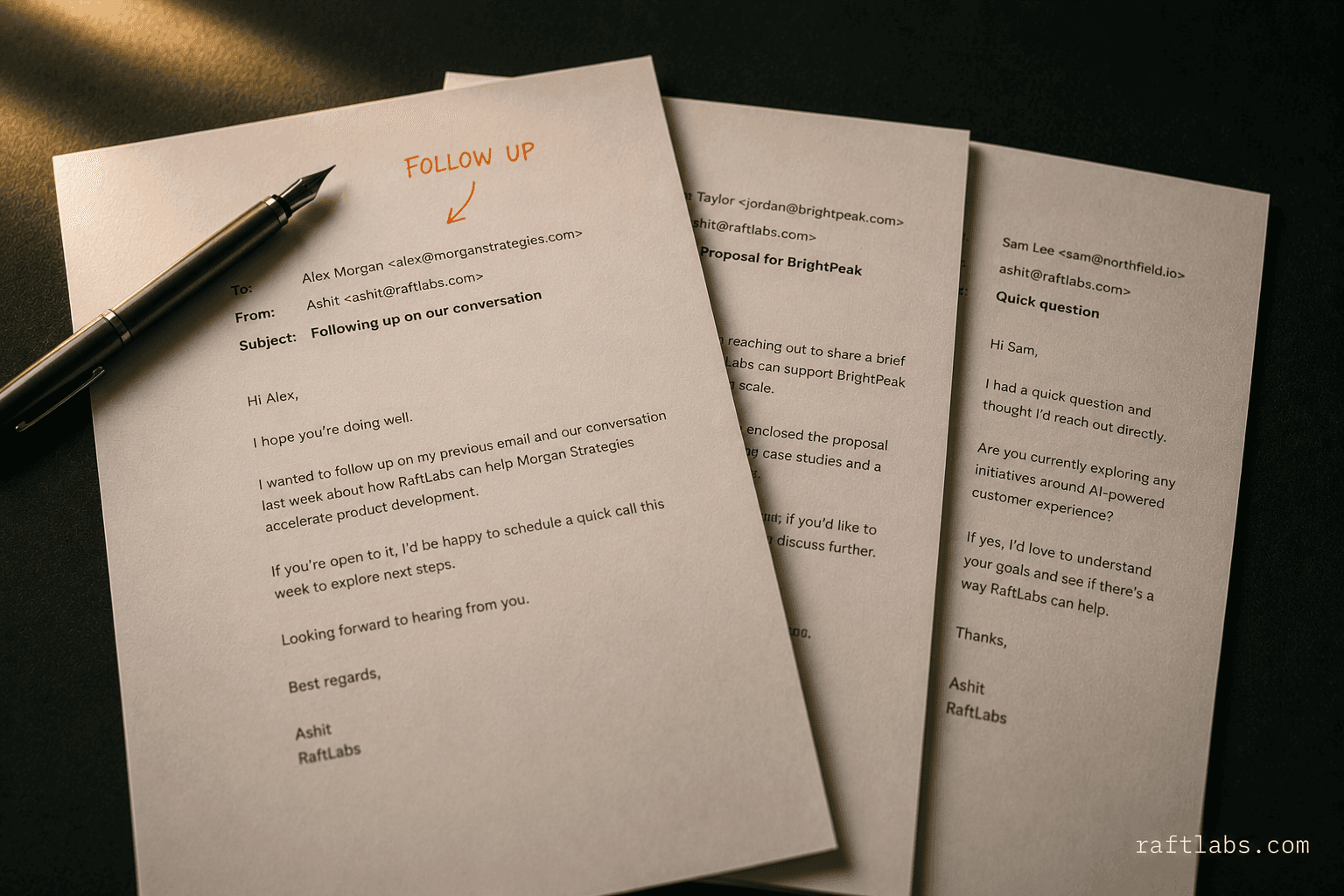 Three printed outbound email drafts fanned on a dark surface with FOLLOW UP annotation in orange ink and a fountain pen