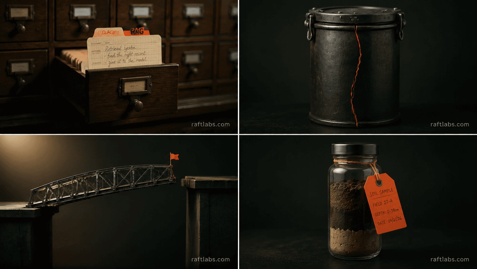 A card catalogue drawer pulled open with a single document fanned out - RAG architecture retrieval system visual