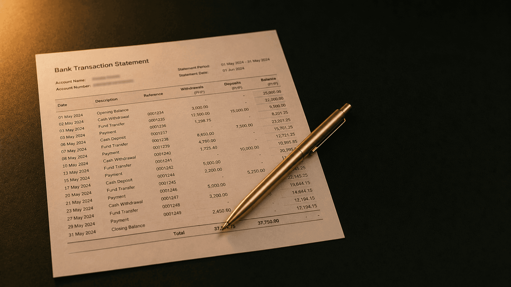 Bank transaction statement with brass ballpoint pen - AI agents for fintech automation