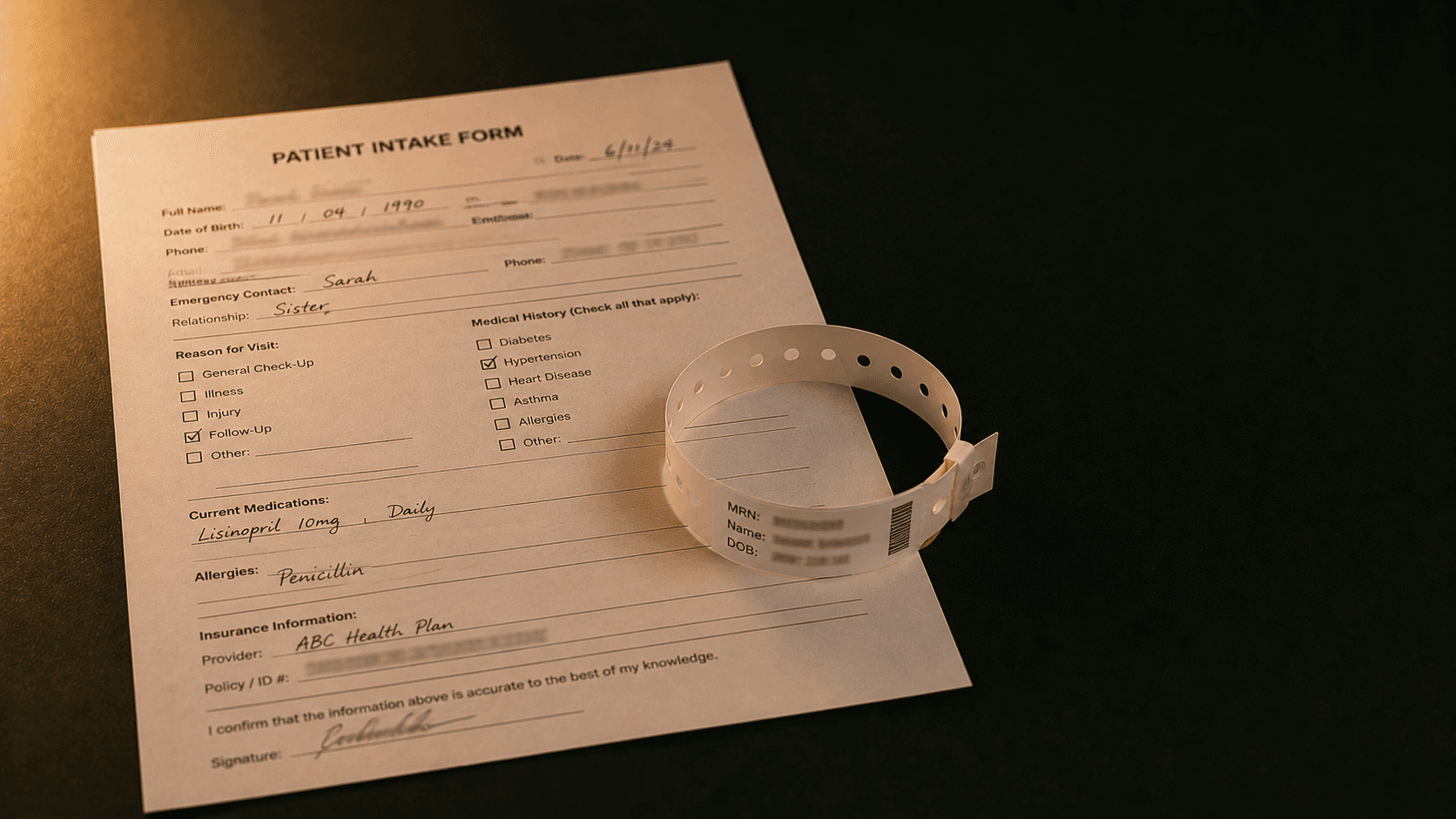 Patient intake form with hospital wristband - AI agents for healthcare automation