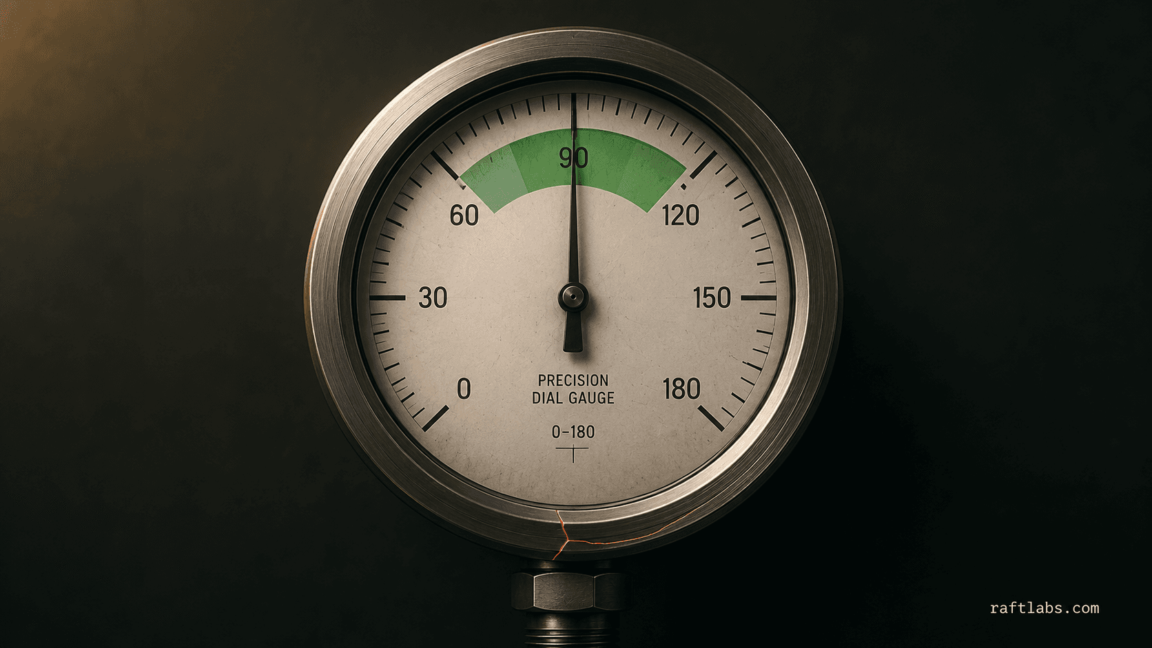 A precision dial gauge reading 90 in the green zone, but a concealed hairline crack runs through the casing - AI agent hidden accuracy risk