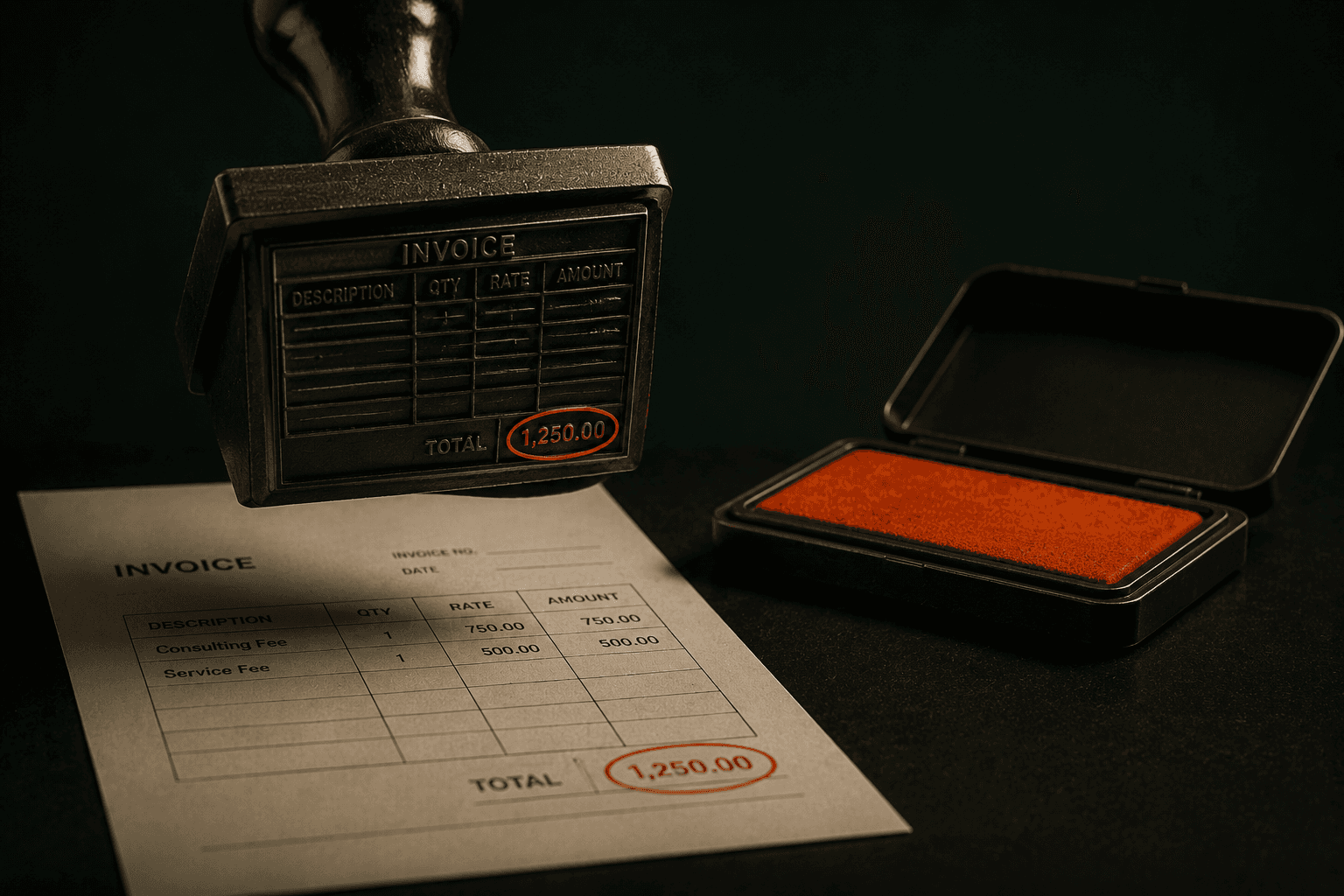 A mechanical rubber stamp poised above an invoice document, representing AI automating repetitive invoice processing decisions - AI Invoice Processing Build vs Buy