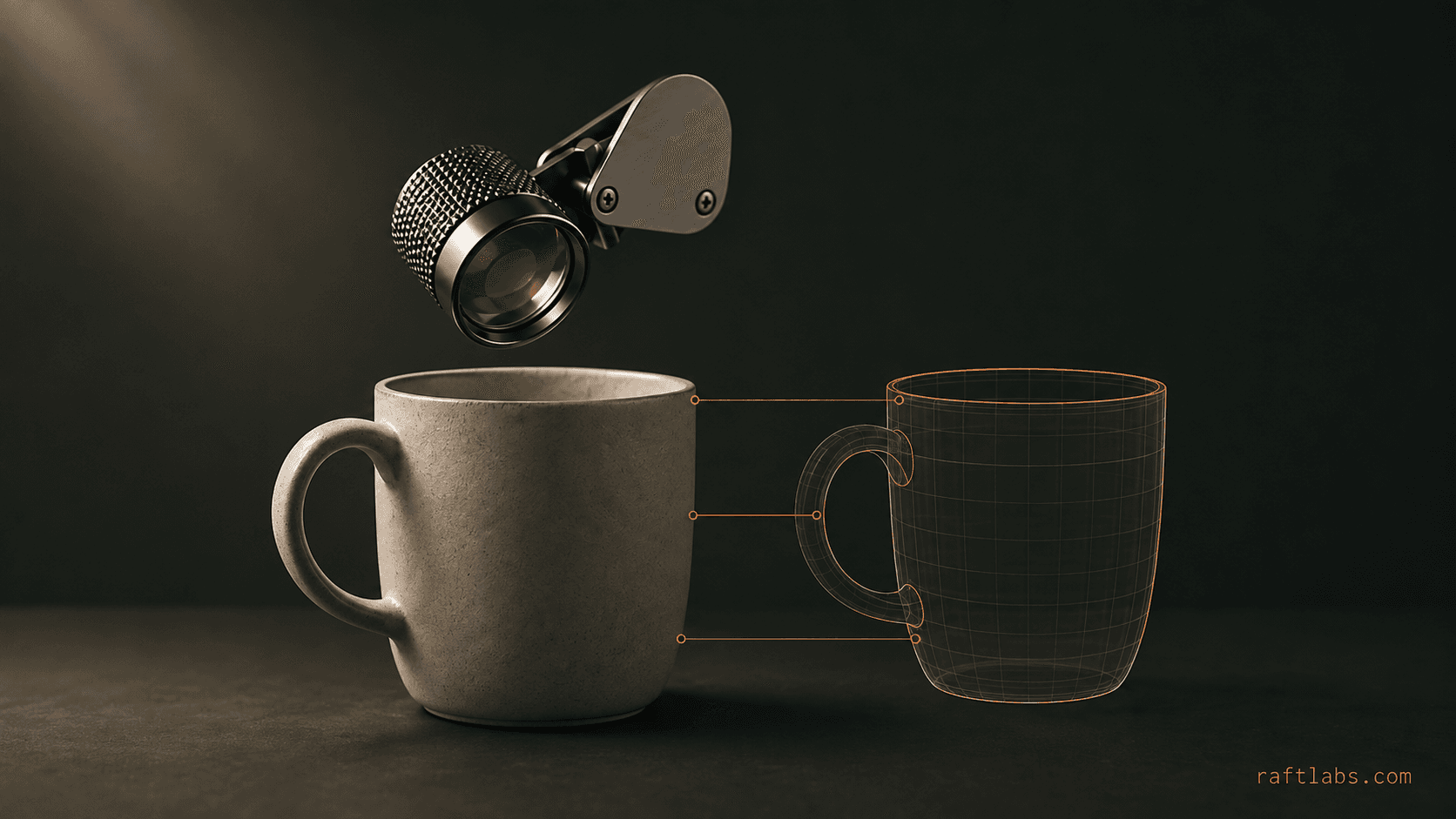 A precision loupe hovering over a physical desk object, revealing a glowing orange wireframe overlay - representing how AR digitally overlays the real world
