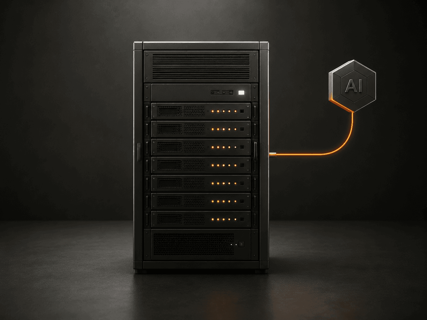 A precision editorial illustration showing an enterprise server rack integrated with AI nodes - ChatGPT enterprise use cases in production