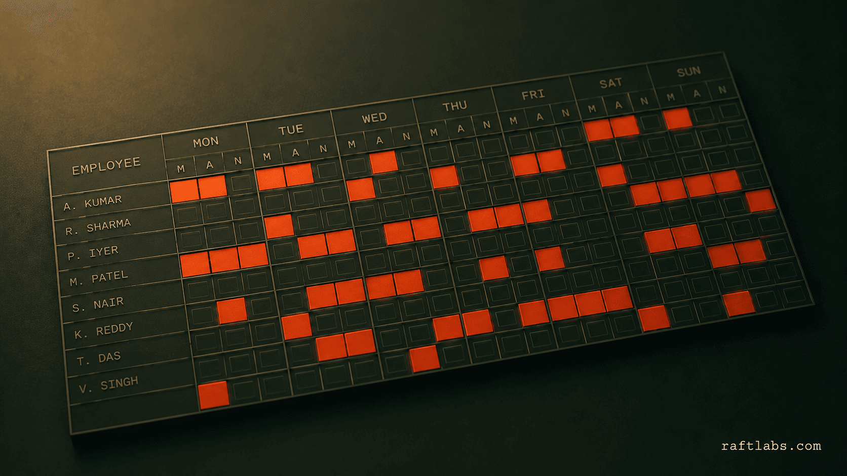 Geometric grid of schedule blocks representing shift allocation across multiple locations