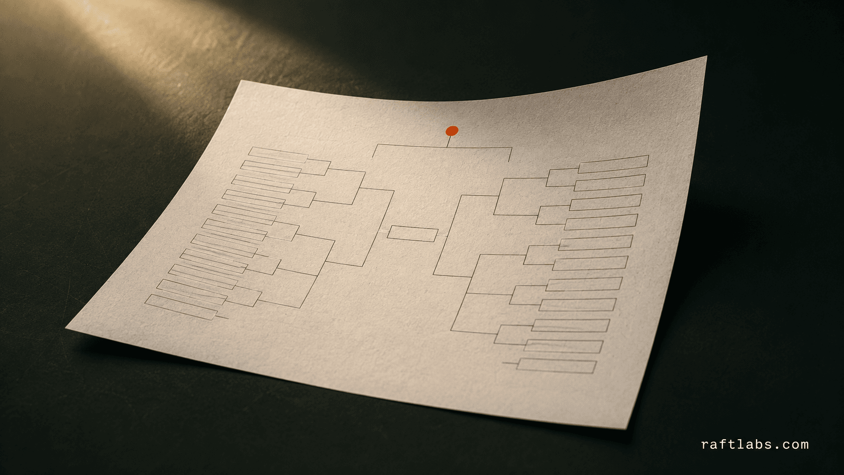 Printed single-elimination tournament bracket on a dark desk, the empty final slot marked with an orange pin
