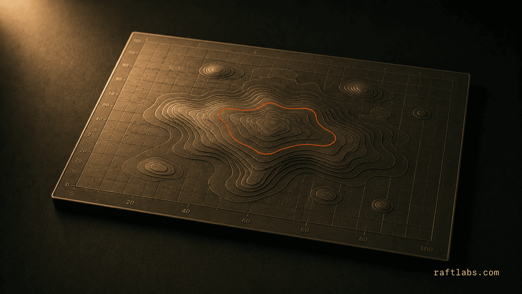 A precision-engineered bronze heatmap grid with a single saffron-orange contour line tracing the peak traffic zone, on a deep forest-green background