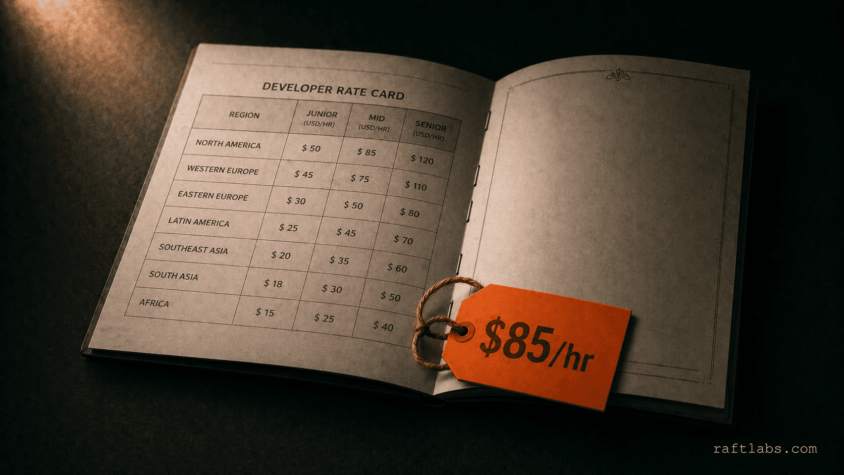 Cost to hire a ReactJS developer in 2026 showing global rates by region and experience level