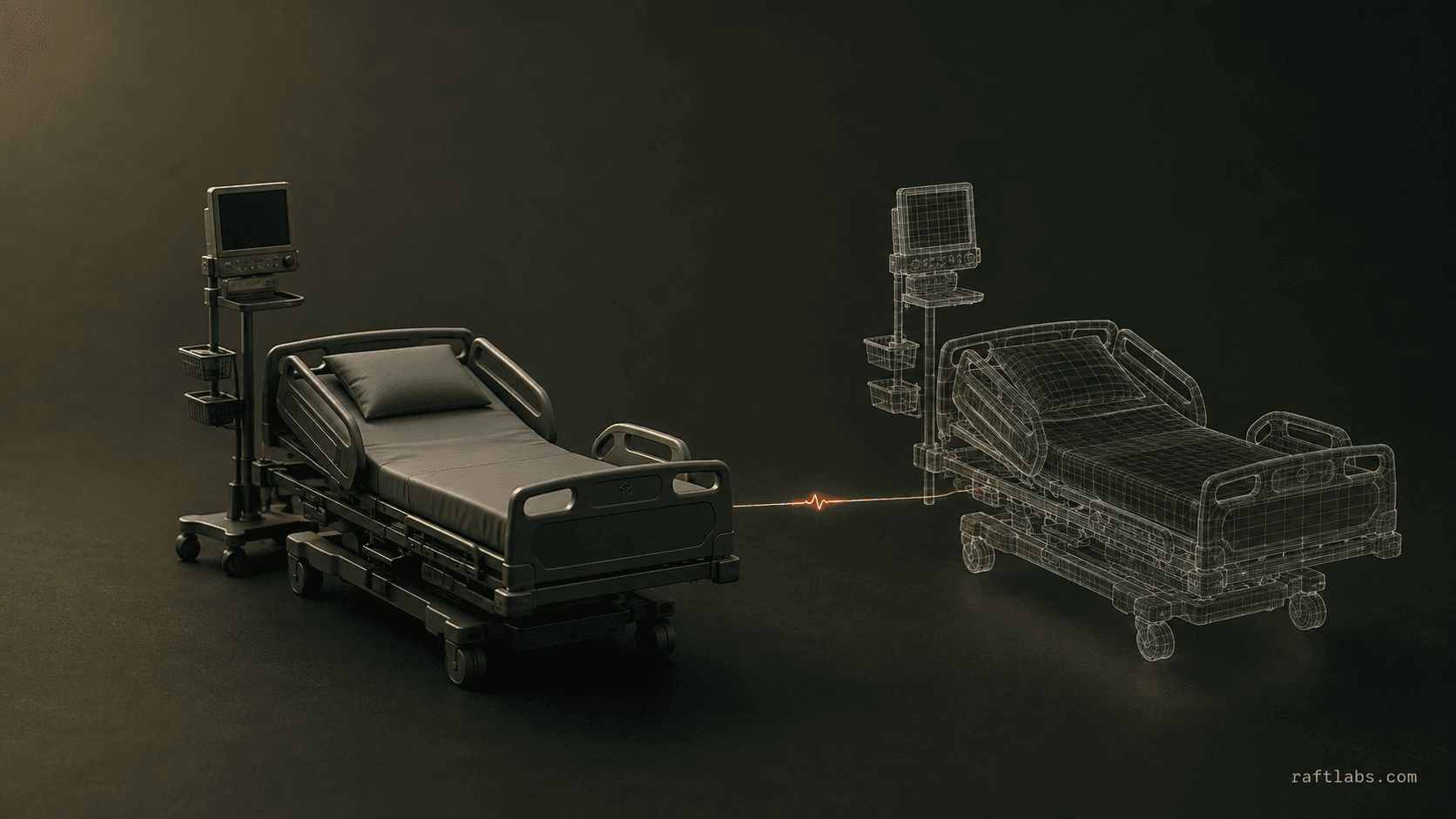 A single glowing orange thread connecting a physical medical device model to its data twin, representing the live link between a physical asset and its digital replica