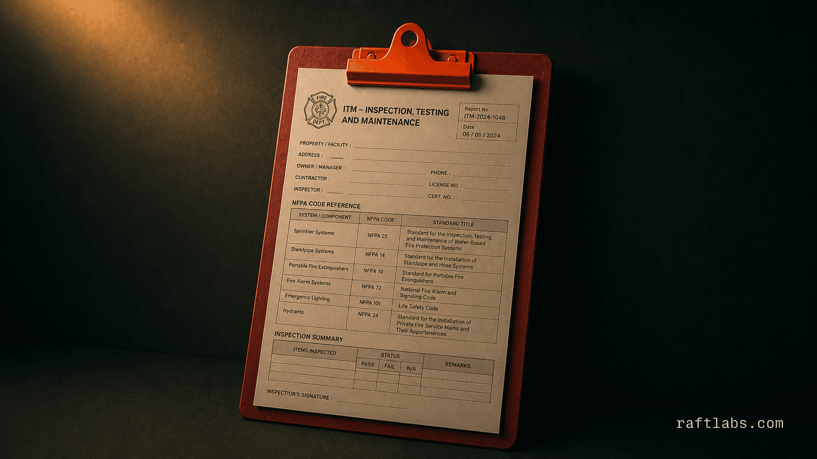 Fire protection contractor software dashboard showing inspection schedule, open deficiency list with NFPA code references, and ITM report generator