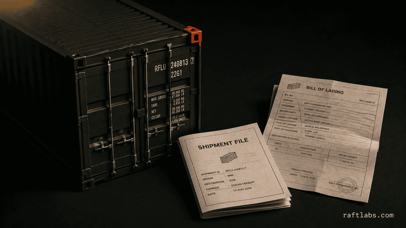 Freight forwarding documents and a container manifest on a warm desk surface