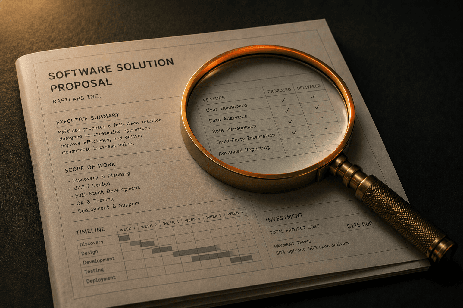 How to choose a custom software development company - magnifying glass examining a contract document
