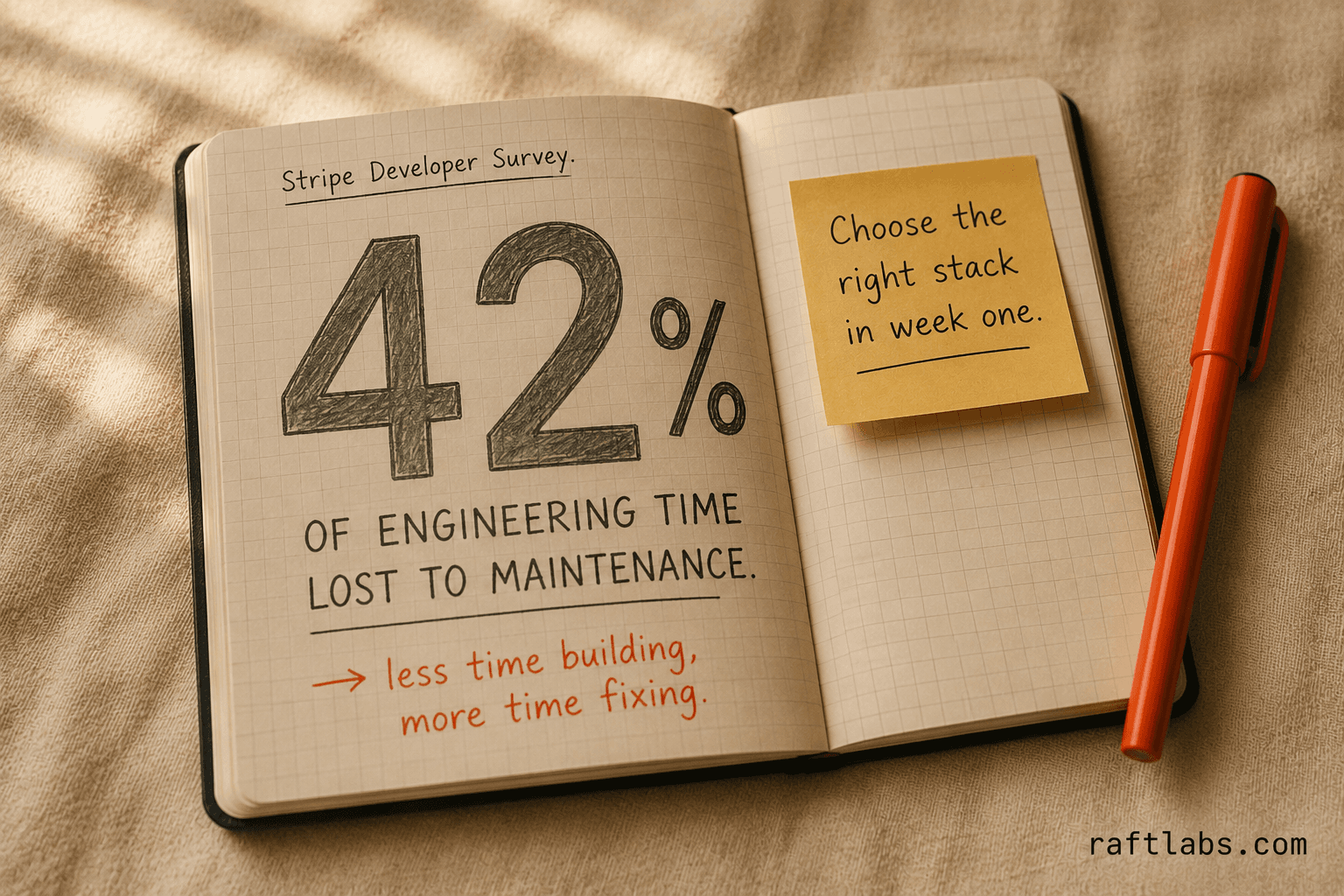 Notebook stat callout showing 42% of engineering time lost to maintenance in poorly-chosen tech stacks