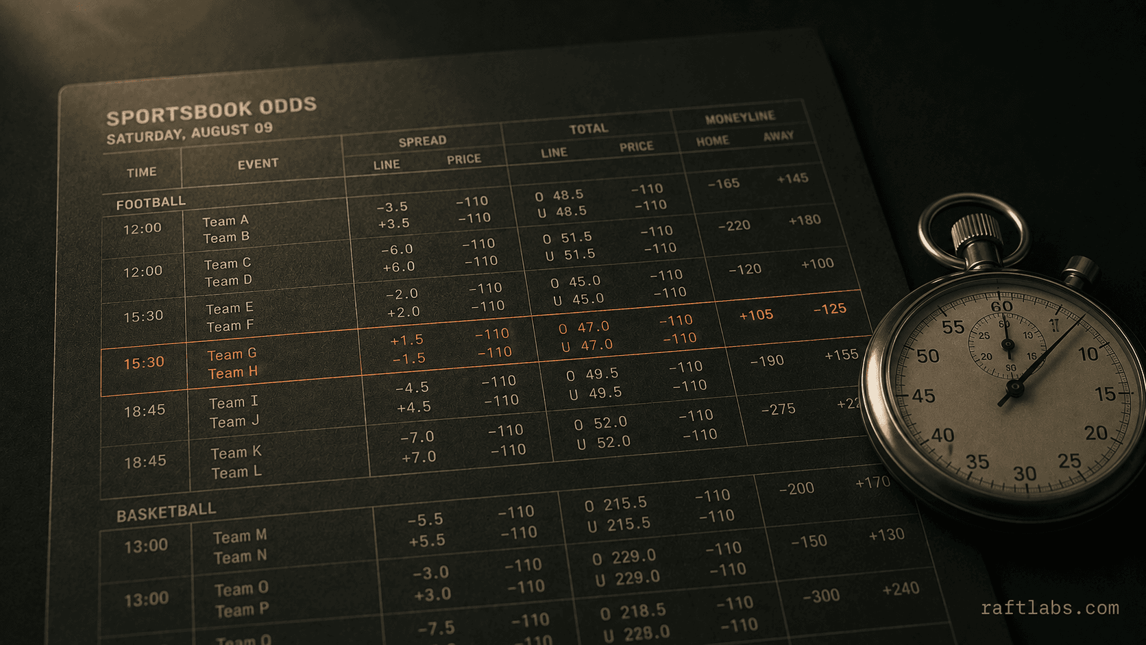 A single stopwatch and a printed odds sheet on a dark studio surface with one ember-orange accent