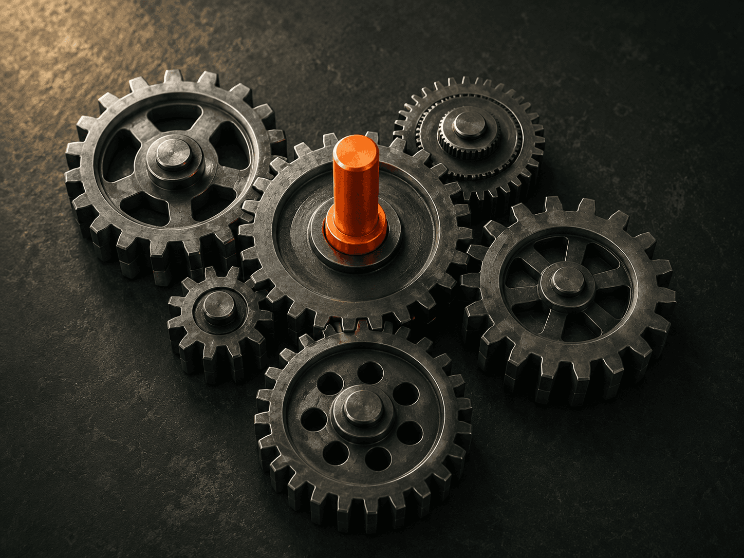 Six distinct precision mechanical gears arranged on a dark surface, each representing a different type of AI agent