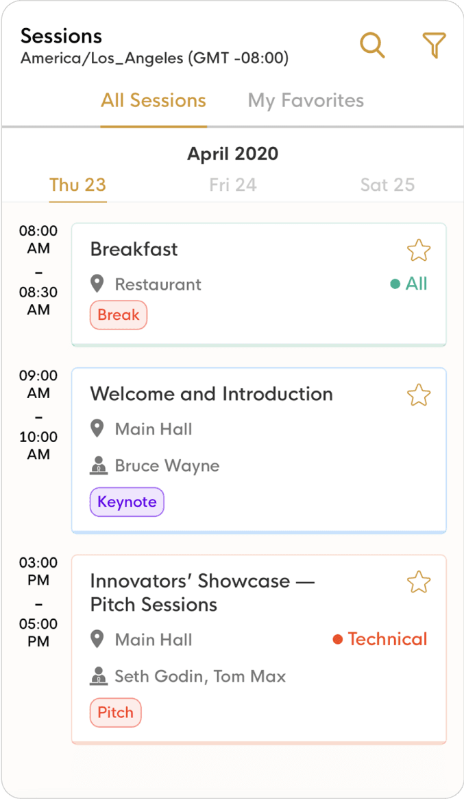 Personalized schedules and session tracking in EventRaft
