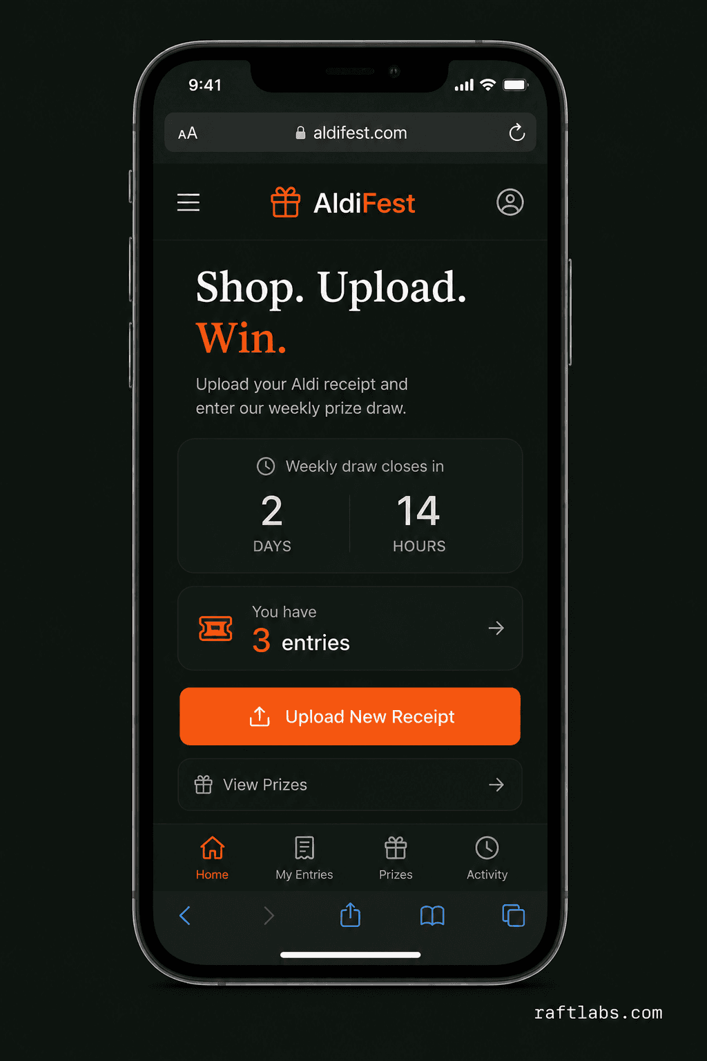 AldiFest receipt upload and competition entry web app for Aldi Ireland