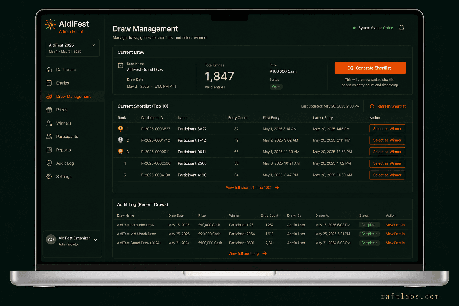 Campaign entry records for the AldiFest retail loyalty web app